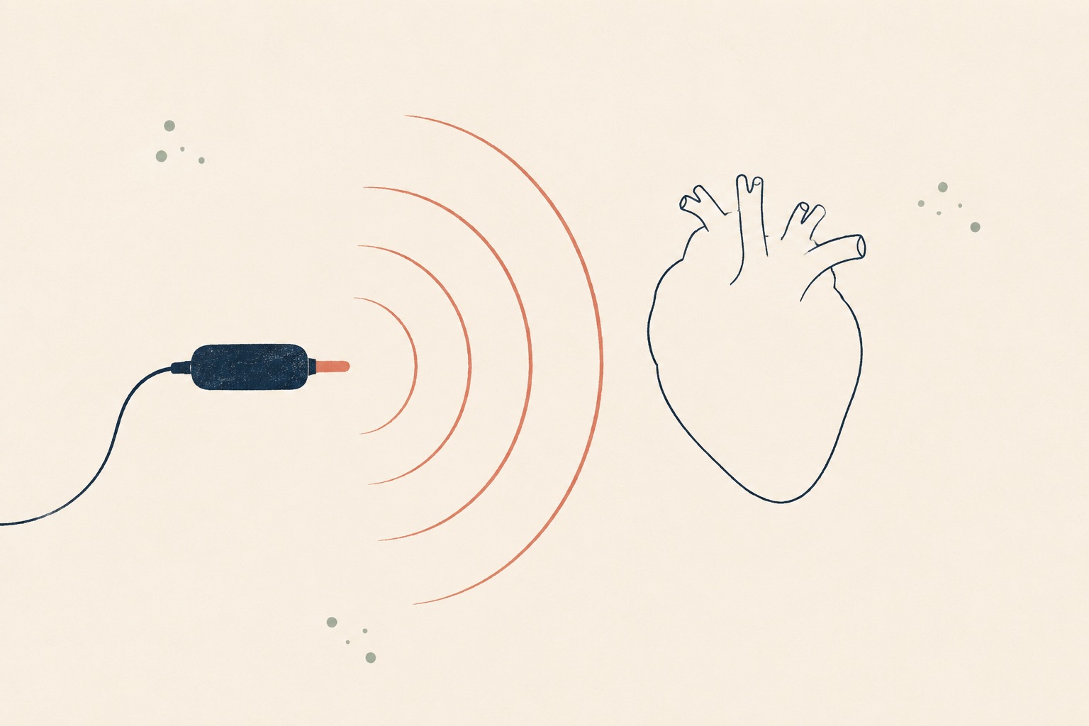 Soft illustration: a small handheld device beside a question mark formed of sound waves