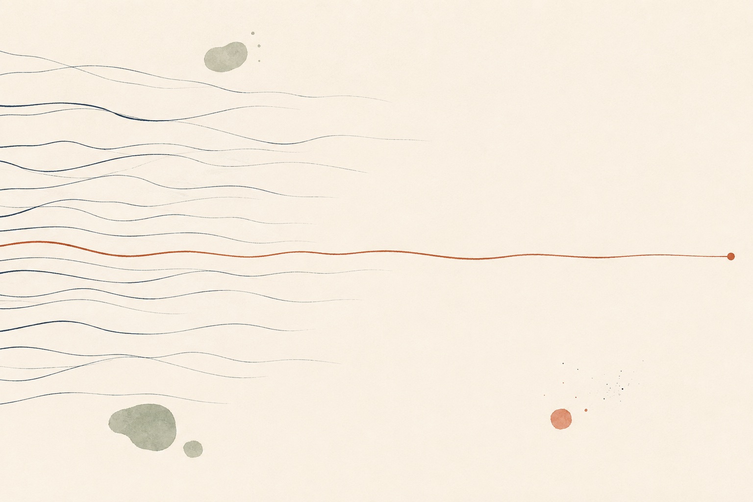Soft illustration: many faint threads converging into one line, most ending unconnected