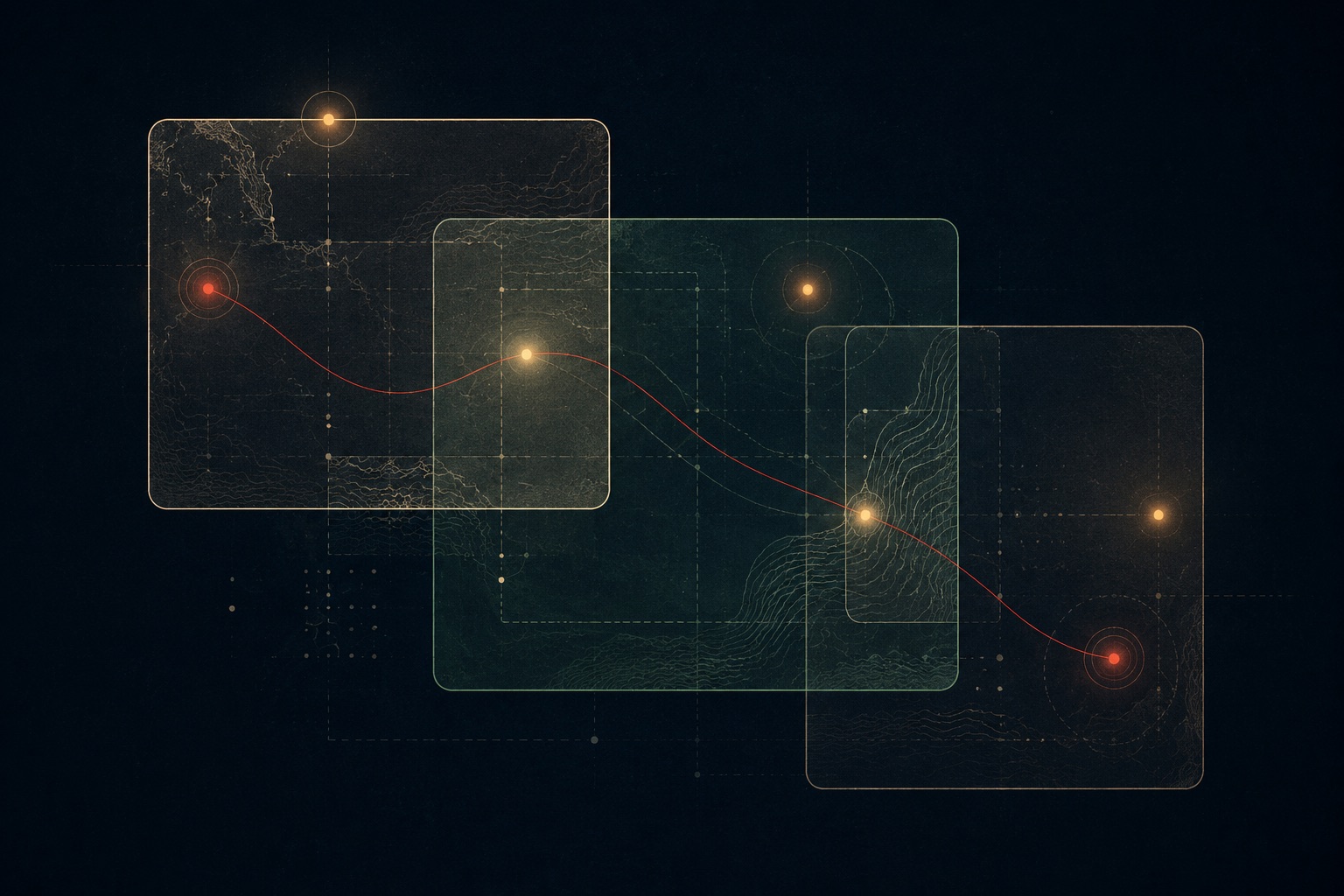 Abstract illustration: layered translucent documents with a red thread running through